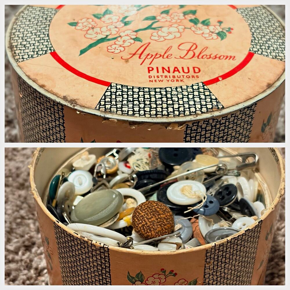 Vintage 1940’s Pinaud Apple Blossom dusting powder tin with vintage buttons